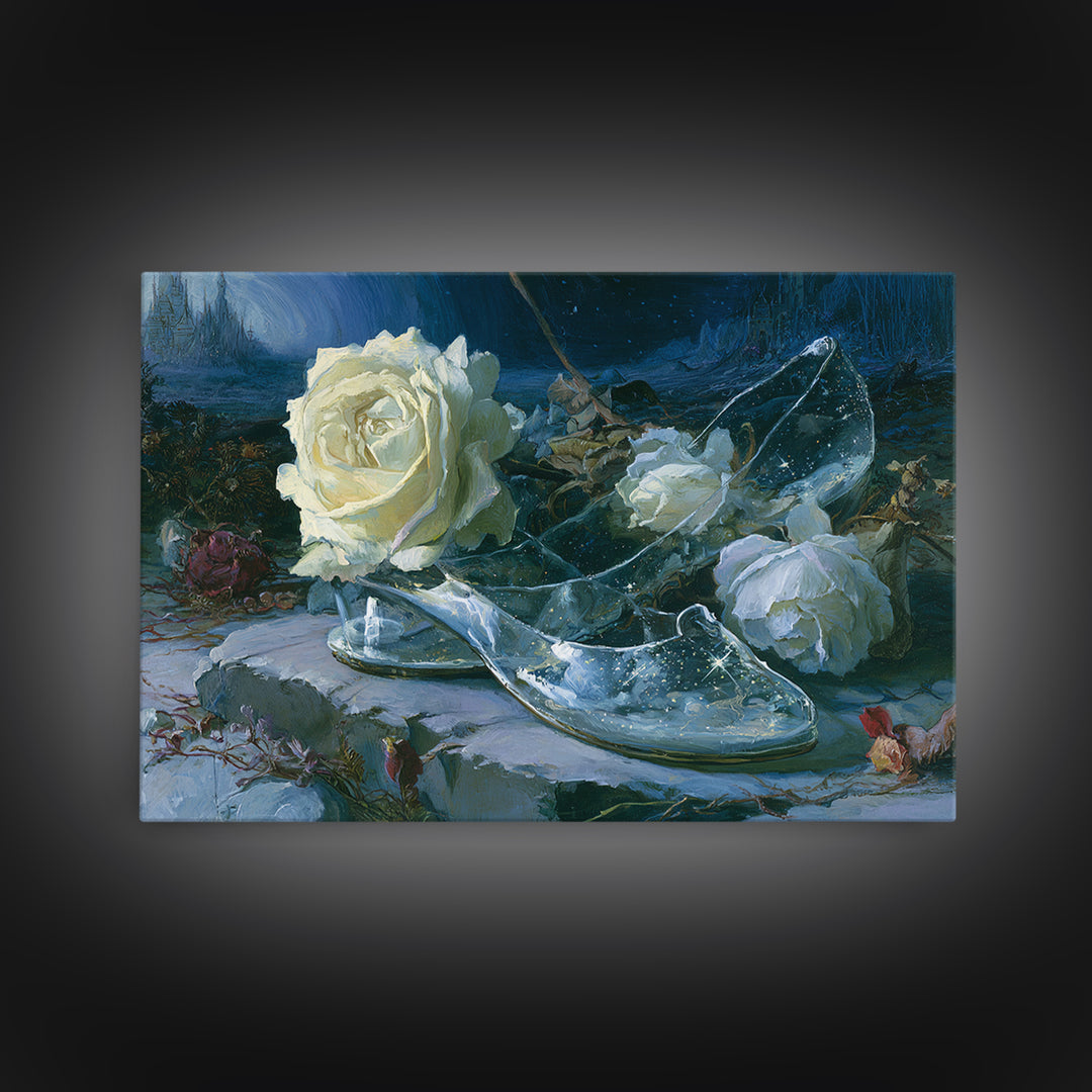 Glass Slipper Still Life Framed Canvas Print, Fairy Tale Art, Nursery Art, Living Room Decor, Storybook, Art Nouveau Print, FTA-3x2-10