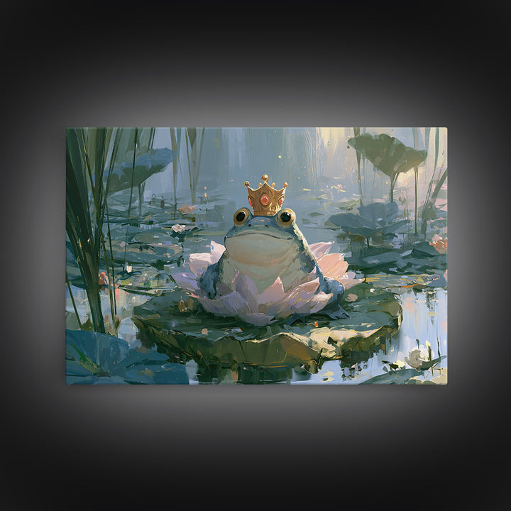 Frog Prince on a Lily Pad Framed Canvas Print, Fairy Tale Art, Whimsical Art, Living Room Decor, Fine Art, Storybook, FTA-3x2-15
