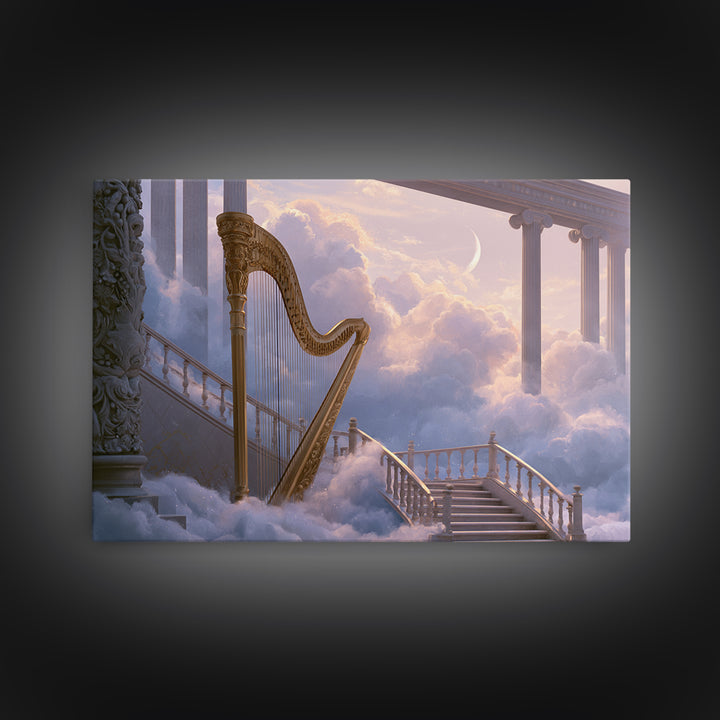 Golden Harp in a Cloud Kingdom Framed Canvas Print, Fairy Tale Art, Art Nouveau, Living Room Decor, Fine Art, Storybook, FTA-3x2-2