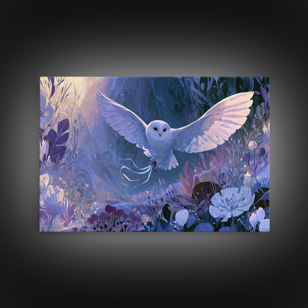 Owl Messenger Carrying a Tiny Ribbon Canvas Print, Fairy Tale Art, Whimsical Wall Art, Living Room Decor, Fine Art, Storybook, FTA-3x2-21