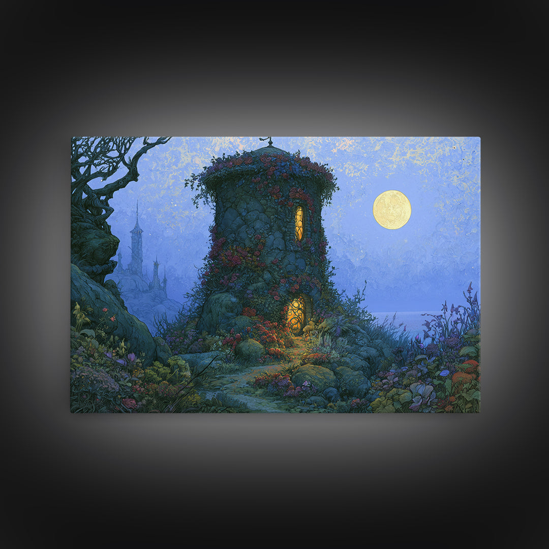 Rose Covered Tower Canvas Print, Fairy Tale Art, Boho Wall Art, Living Room Decor, Oil Painting, Storybook, Mixed Media Art, FTA-3x2-22