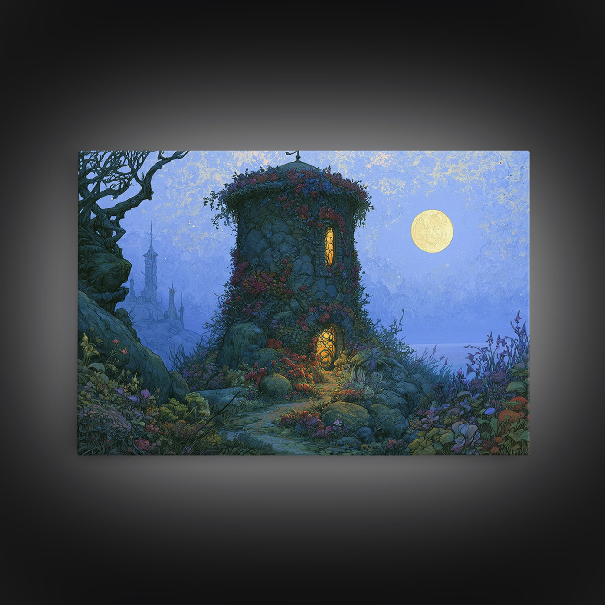 Rose Covered Tower Canvas Print, Fairy Tale Art, Boho Wall Art, Living Room Decor, Oil Painting, Storybook, Mixed Media Art, FTA-3x2-22