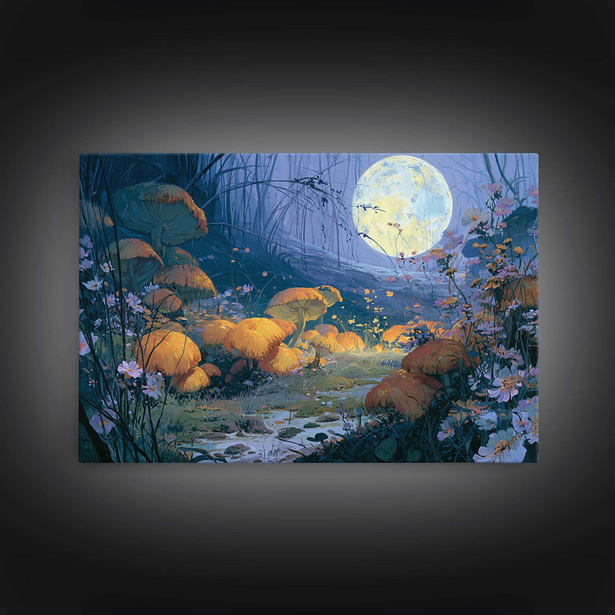 Fairy Ring of Mushrooms and Wildflowers Framed Canvas Print, Fairy Tale Art, Kids Room Decor, Living Room Decor, Storybook, FTA-3x2-25