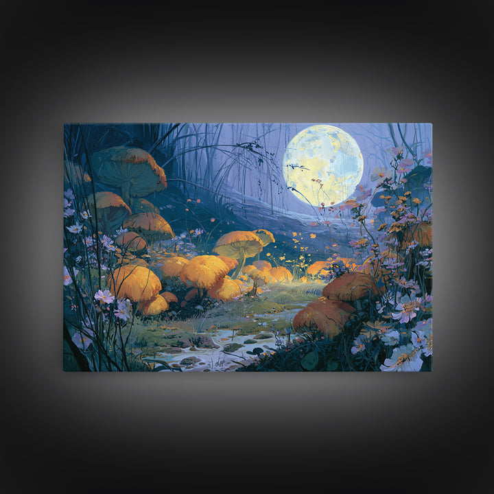 Fairy Ring of Mushrooms and Wildflowers Framed Canvas Print, Fairy Tale Art, Kids Room Decor, Living Room Decor, Storybook, FTA-3x2-25