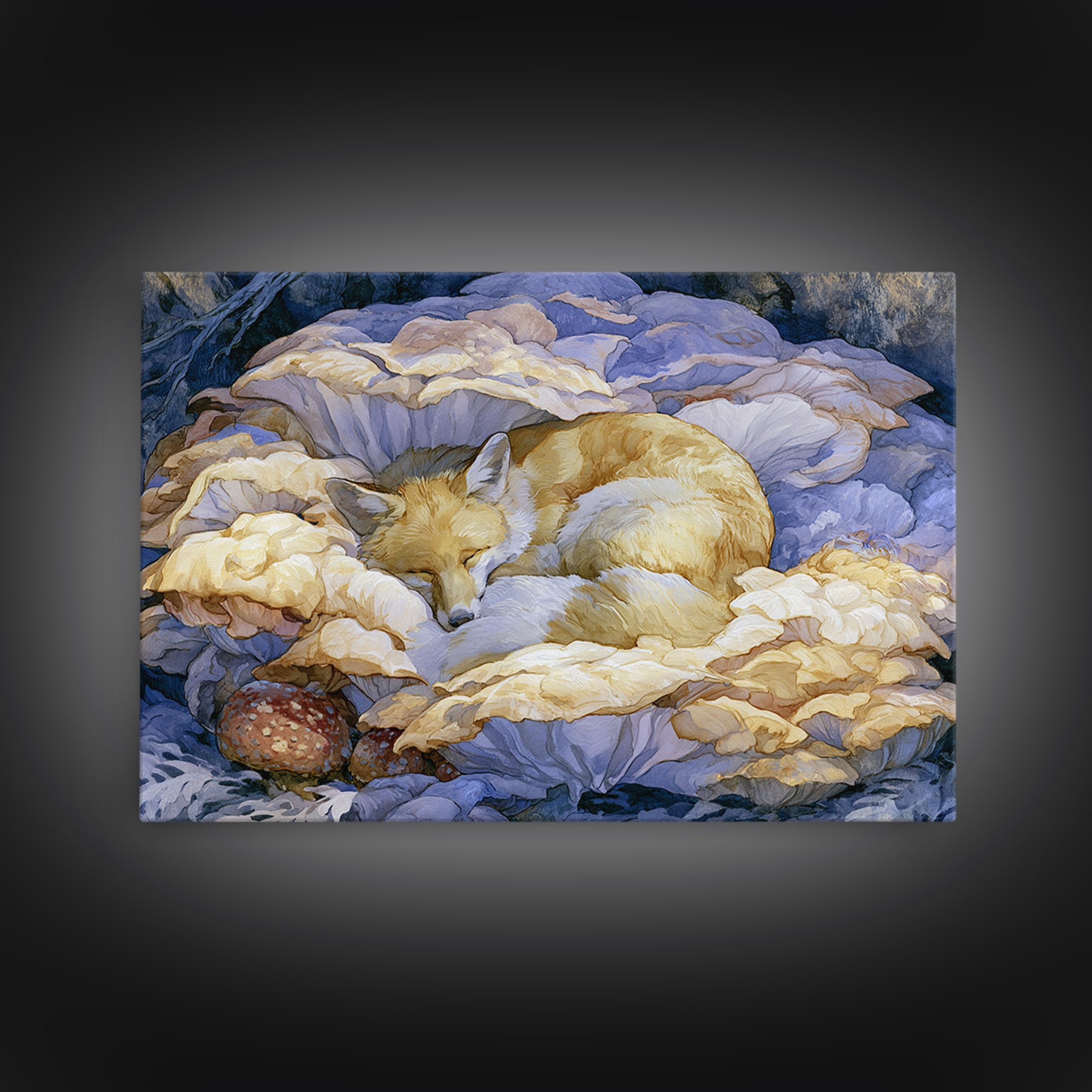 Sleeping Fox Beside a Magical Mushroom Ring Canvas Print, Fairy Tale Art, Statement Artwork, Living Room Decor, Storybook, FTA-3x2-31