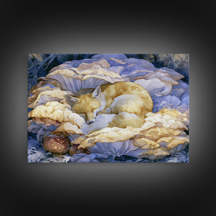 Sleeping Fox Beside a Magical Mushroom Ring Canvas Print, Fairy Tale Art, Statement Artwork, Living Room Decor, Storybook, FTA-3x2-31