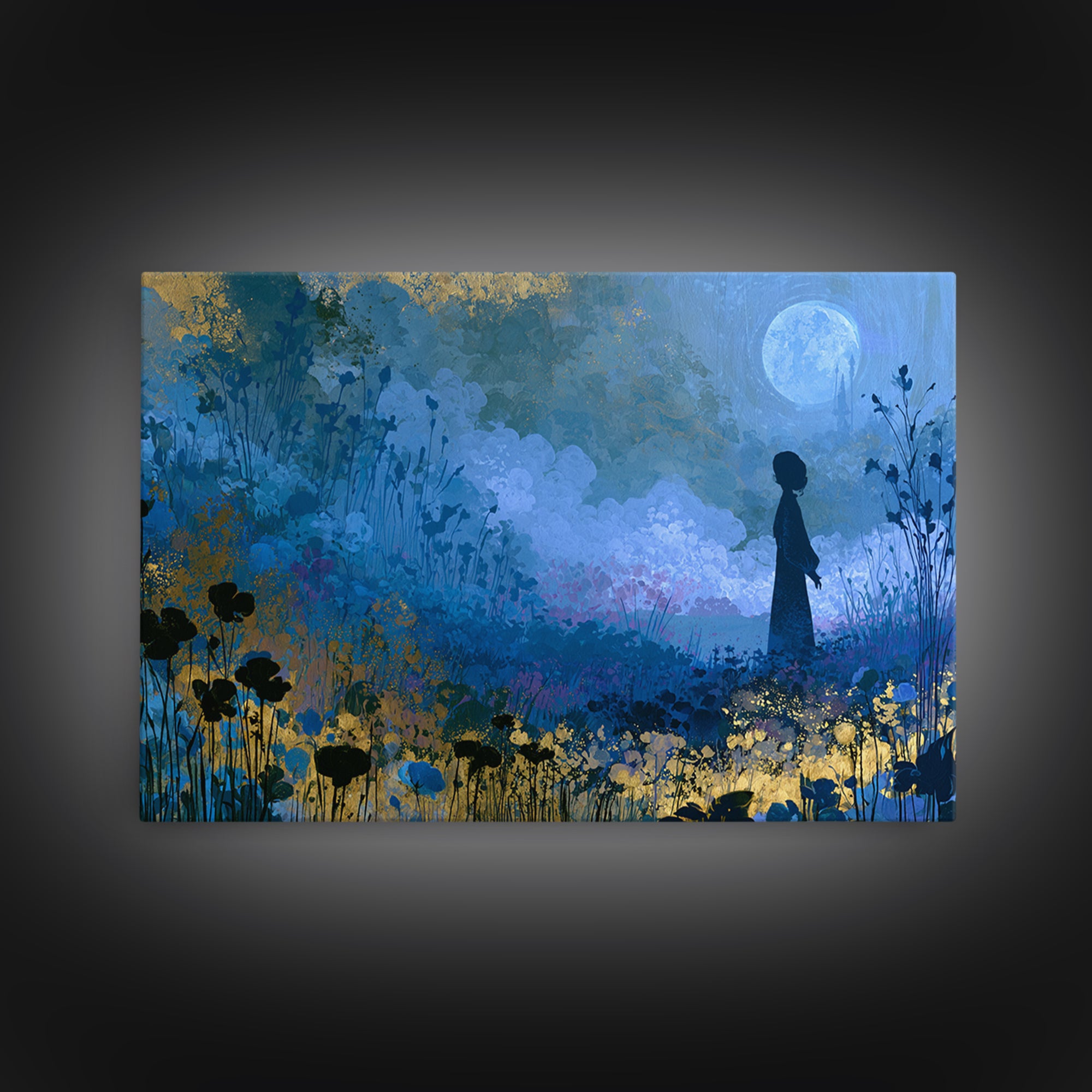 Princess Silhouette with Moonlit Garden Flowers Canvas Print, Fairy Tale Art, Mixed Media Art, Living Room Decor, Storybook, FTA-3x2-32