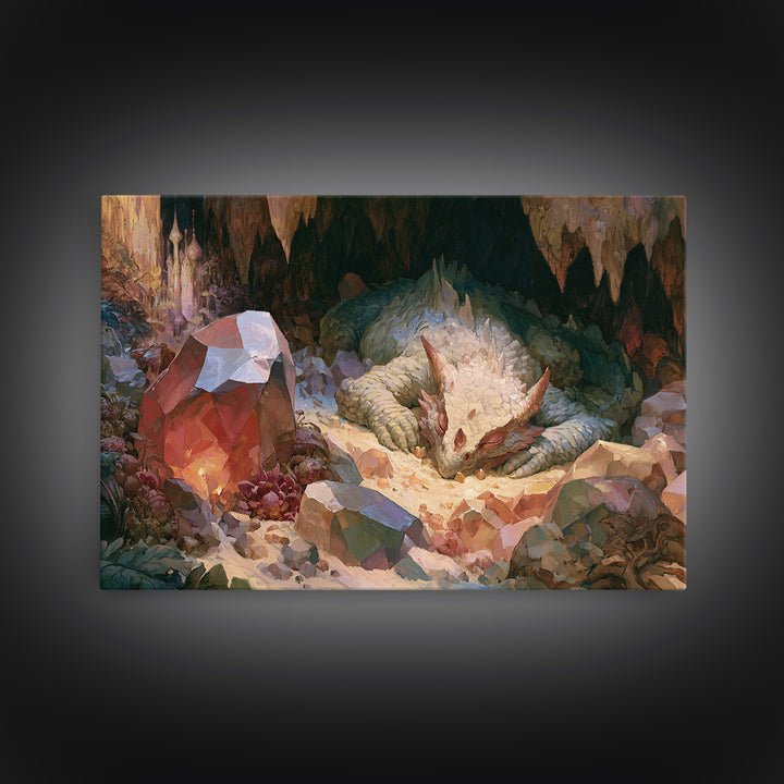 Sleeping Dragon in a Cave of Crystals Canvas Print, Fairy Tale Art, Boho Wall Art, Living Room Decor, Oil Painting, Storybook, FTA-3x2-4