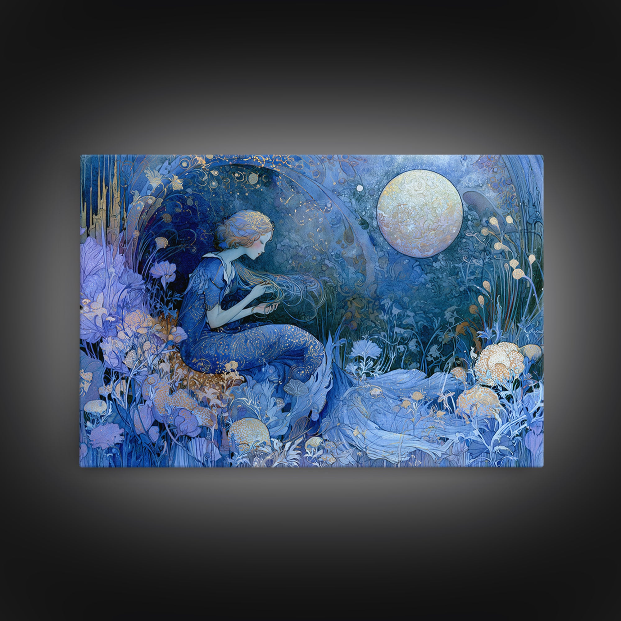 Mermaid Combing Hair Beneath a Pearl Moon Framed Canvas Print, Fairy Tale Art, Fantasy Art, Living Room Decor, Oil Painting, FTA-3x2-40