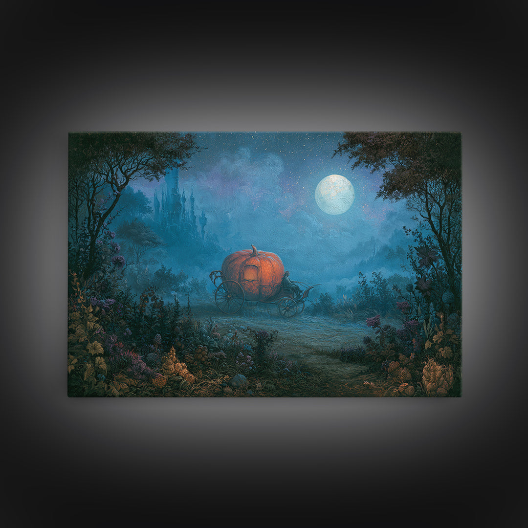 Pumpkin Carriage under Midnight Sky Canvas Print, Fairy Tale Art, Art Nouveau Print, Living Room Decor, Watercolor Art, FTA-3x2-44
