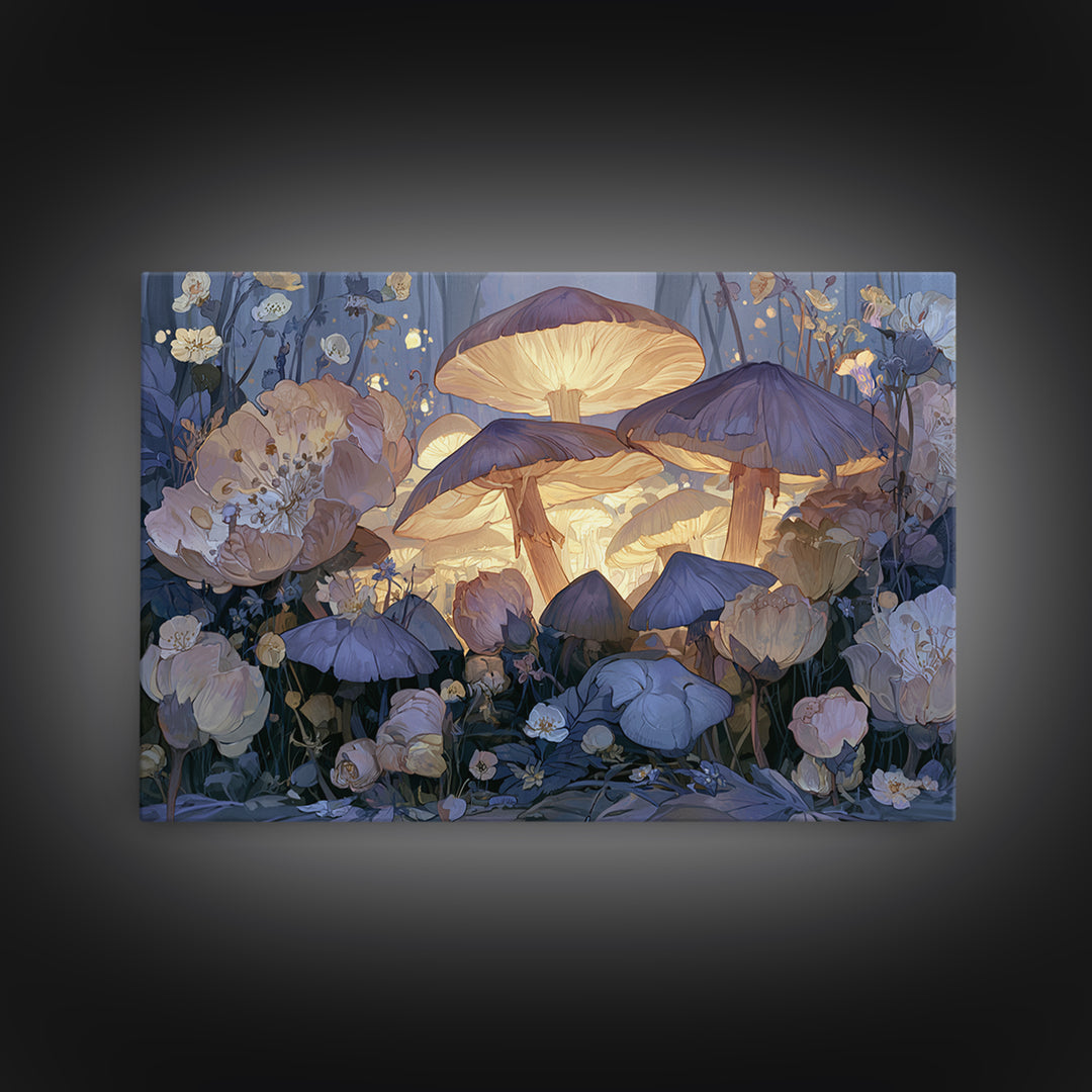 Fairy Ring of Mushrooms and Wildflowers Canvas Print, Fairy Tale Art, Neutral Decor, Living Room Decor, Oil Painting, Storybook, FTA-3x2-49