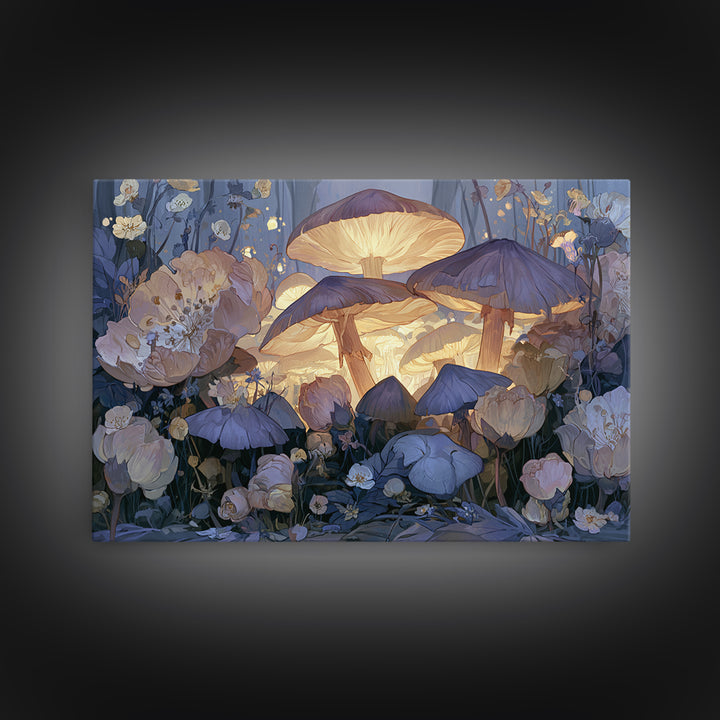 Fairy Ring of Mushrooms and Wildflowers Canvas Print, Fairy Tale Art, Neutral Decor, Living Room Decor, Oil Painting, Storybook, FTA-3x2-49