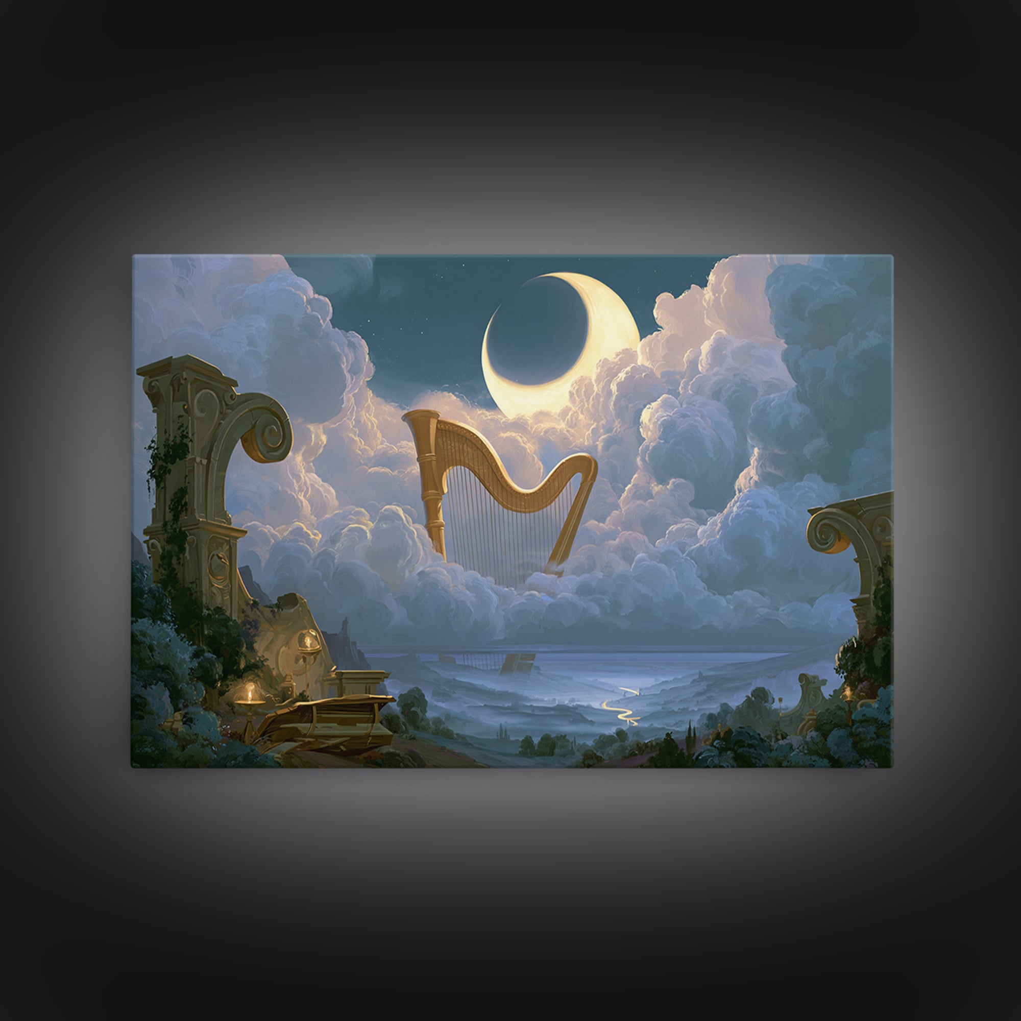 Golden Harp in a Cloud Kingdom Framed Canvas Print, Fairy Tale Art, Princess Wall Art, Living Room Decor, Oil Painting, FTA-3x2-50