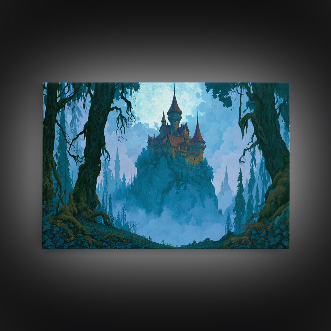 Storybook Castle on a Misty Hill Canvas Print, Fairy Tale Art, Dark Art, Living Room Decor, Storybook, Statement Artwork, FTA-3x2-54