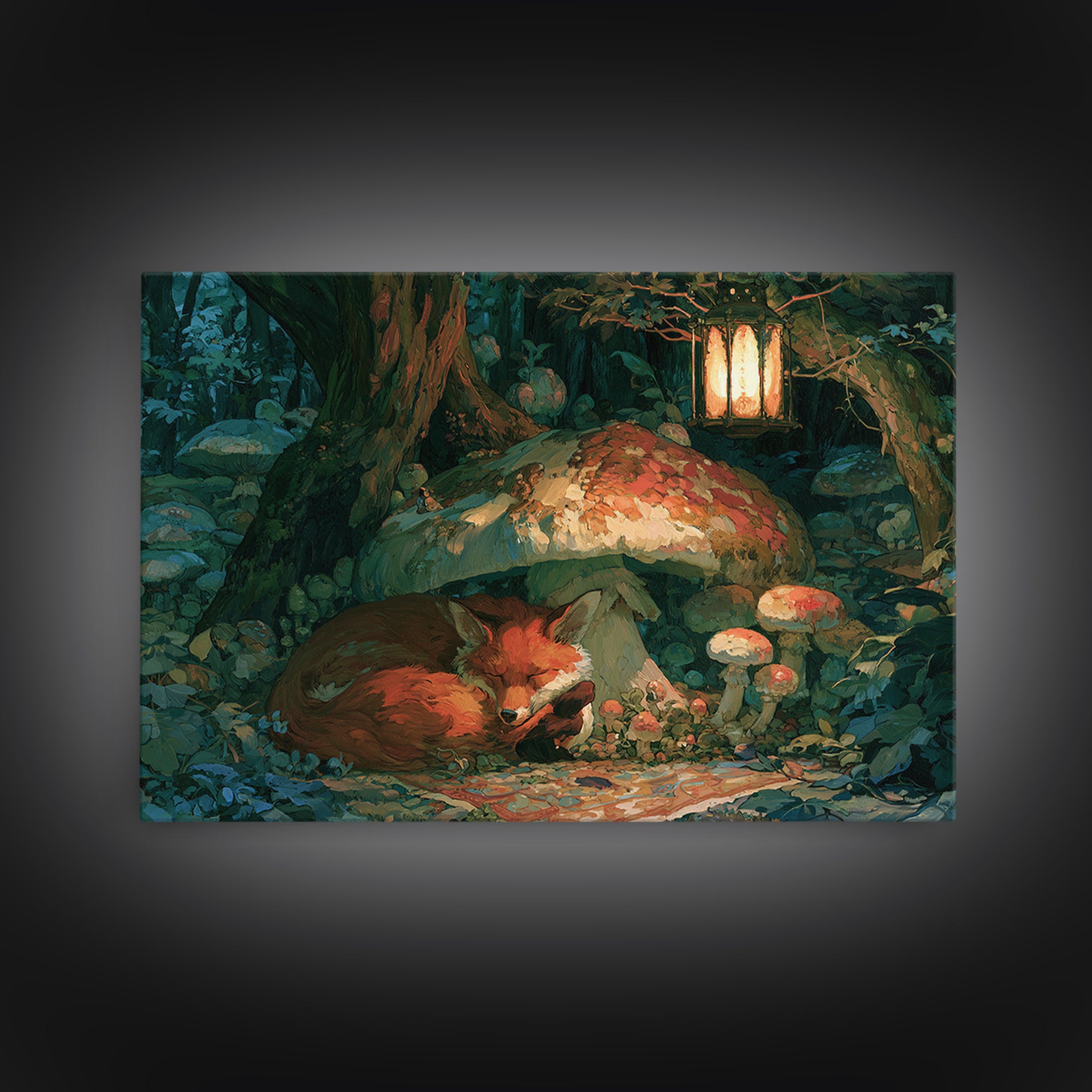 Sleeping Fox Beside a Magical Mushroom Ring Canvas Print, Fairy Tale Art, Boho Wall Art, Living Room Decor, Storybook, FTA-3x2-55