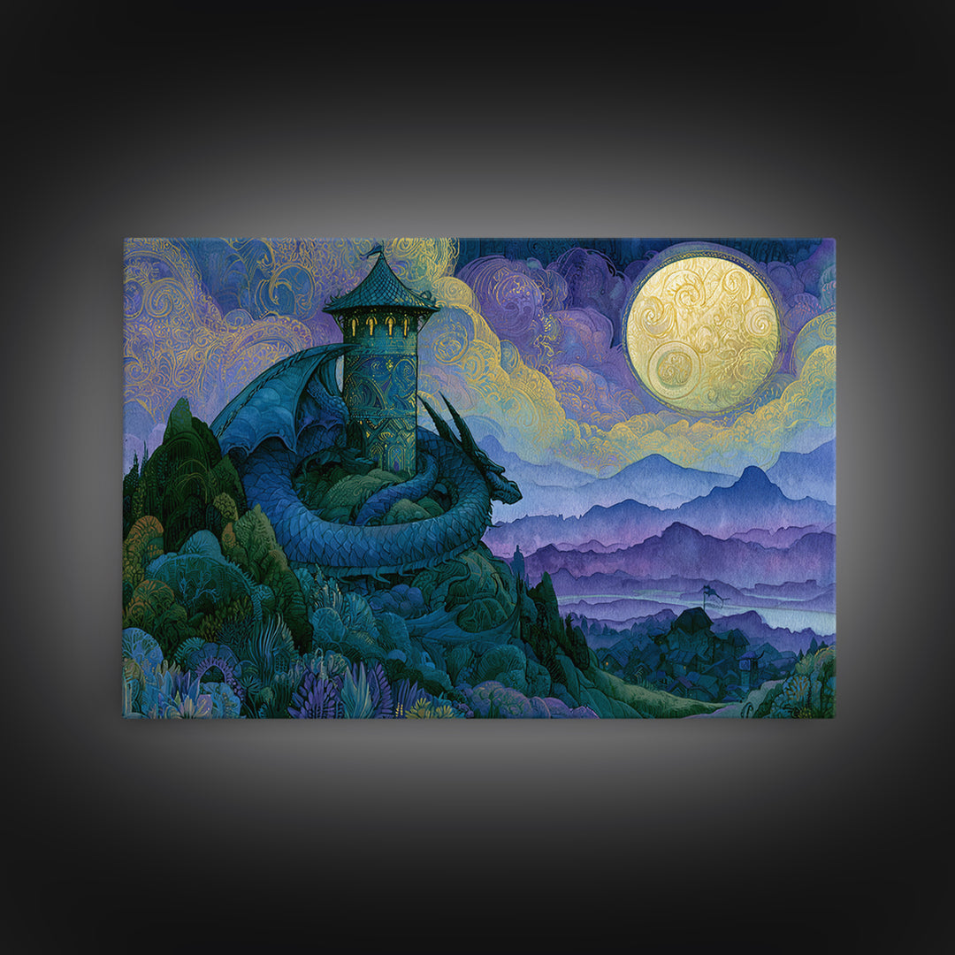 Dragon Curled Around a Jeweled Tower Canvas Print, Fairy Tale Art, Fairy Art, Living Room Decor, Fine Art, Storybook, FTA-3x2-57