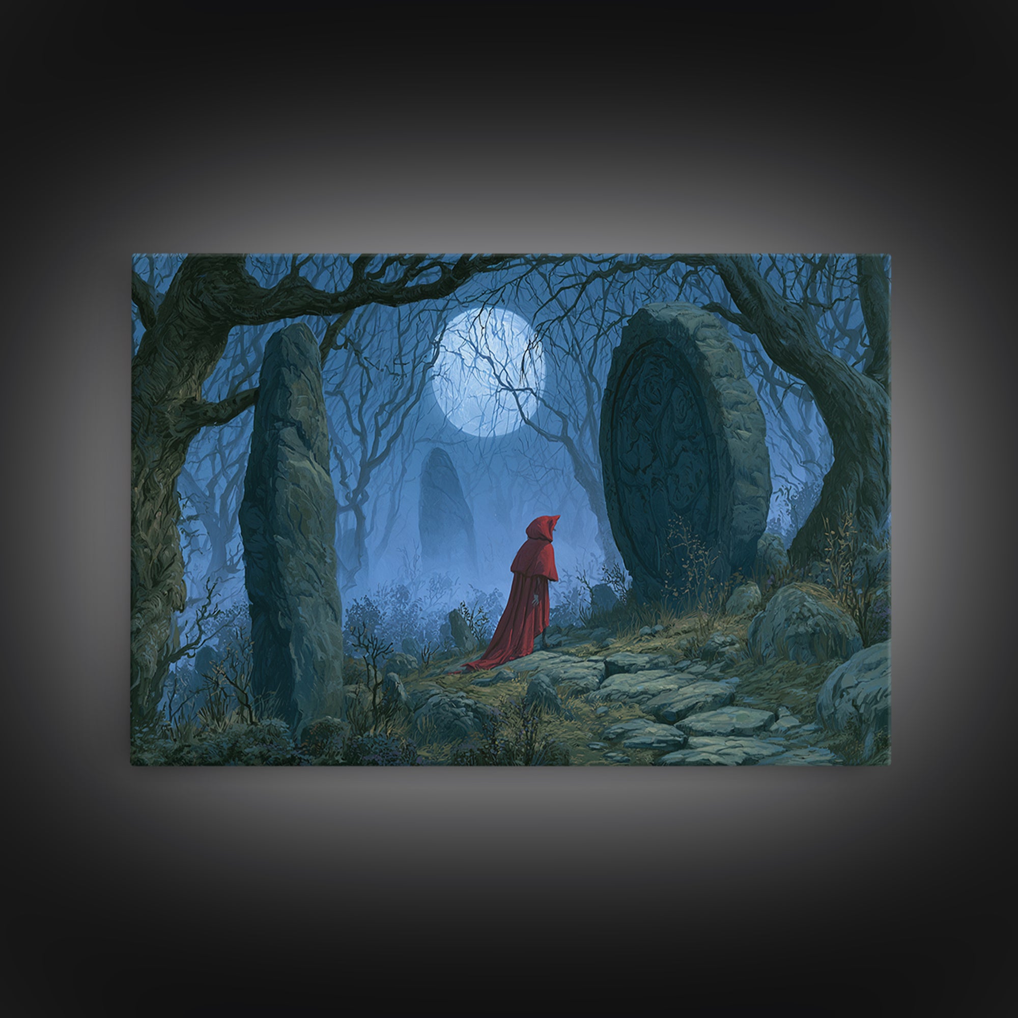 Red Cloak Figure Walking Through Dark Woods Canvas Print, Fairy Tale Art, Textured Painting, Living Room Decor, Storybook, FTA-3x2-60