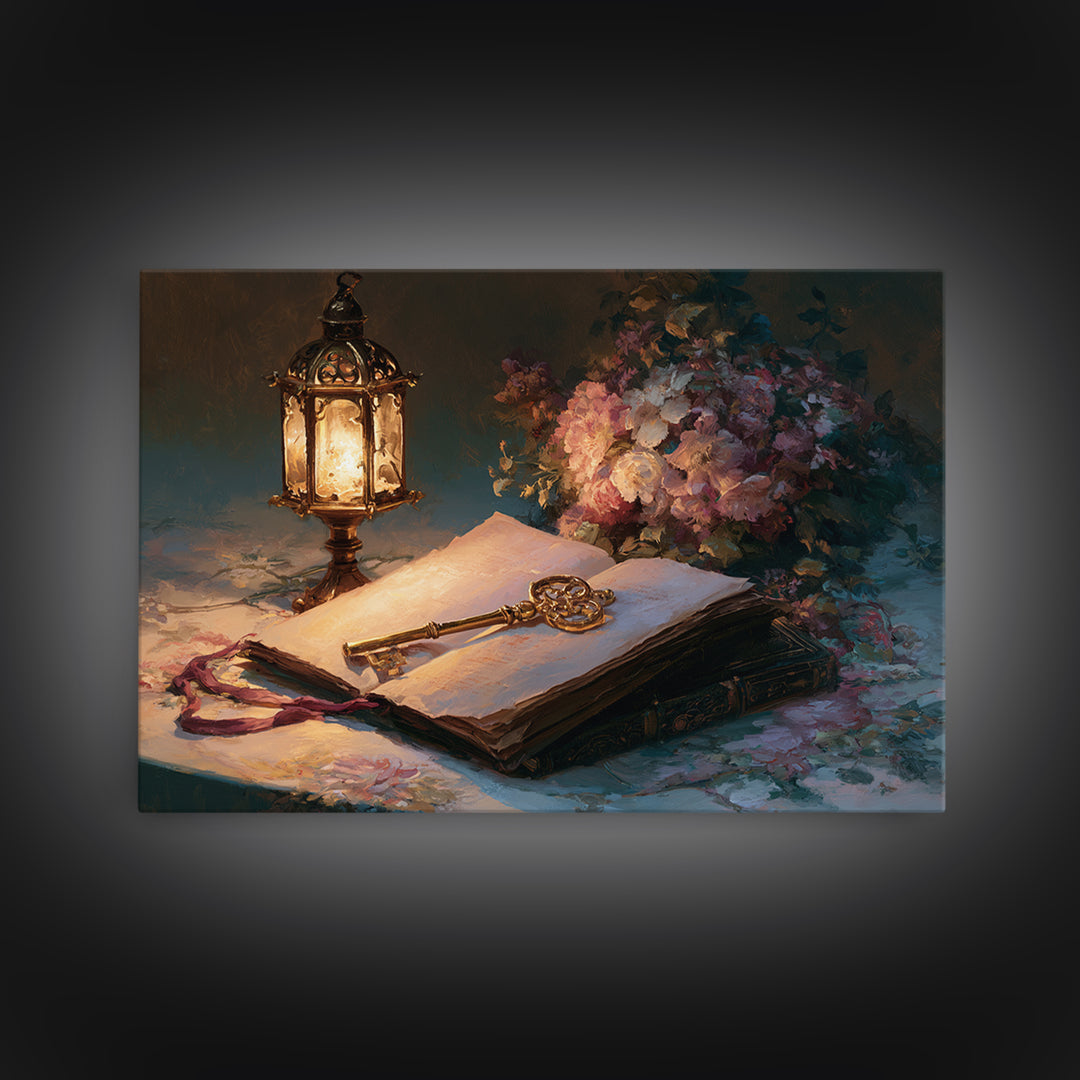 Golden Key and Enchanted Book Still Life Canvas Print, Fairy Tale Art, Fantasy Art, Living Room Decor, Oil Painting, Storybook, FTA-3x2-61