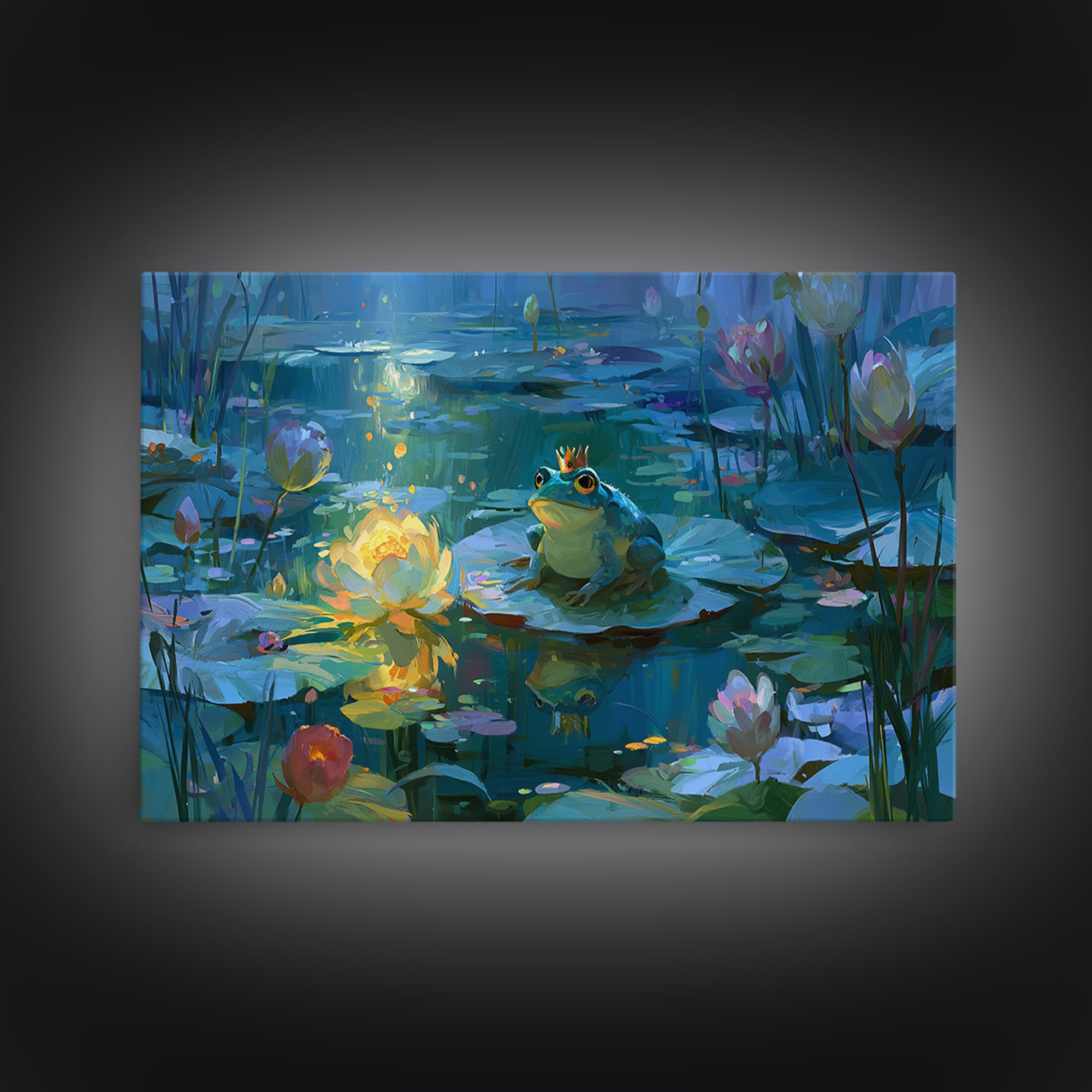 Frog Prince on a Lily Pad Framed Canvas Print, Fairy Tale Art, Dark Art, Living Room Decor, Storybook, Statement Artwork, FTA-3x2-63