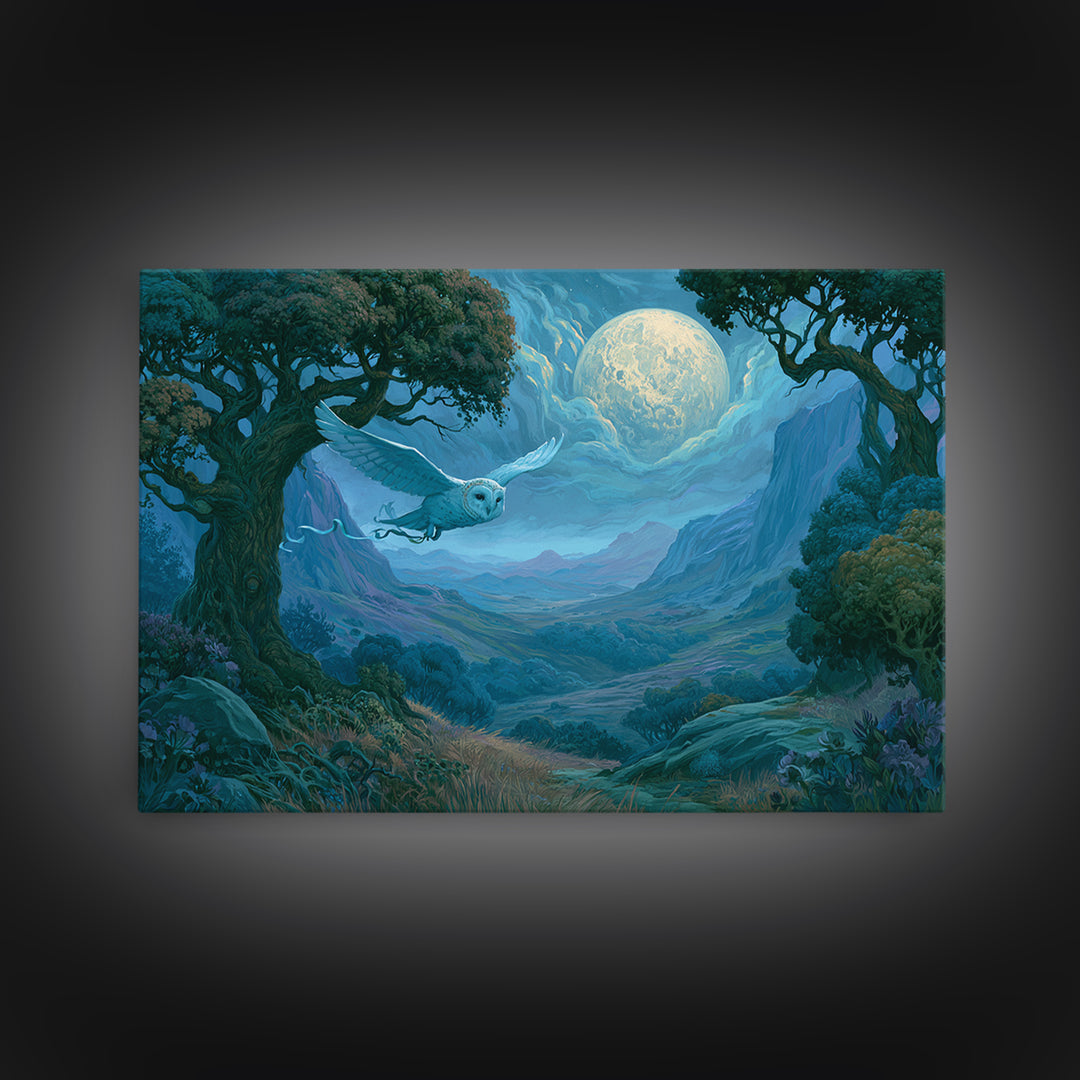 Owl Messenger Carrying a Tiny Ribbon Framed Canvas Print, Fairy Tale Art, Gallery Decor, Living Room Decor, Fine Art, Storybook, FTA-3x2-69