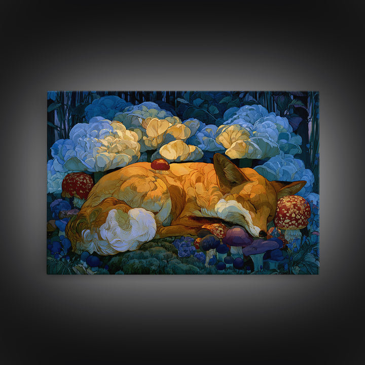 Sleeping Fox Beside a Magical Mushroom Ring Framed Canvas Print, Fairy Tale Art, Abstract Art, Living Room Decor, Storybook, FTA-3x2-7