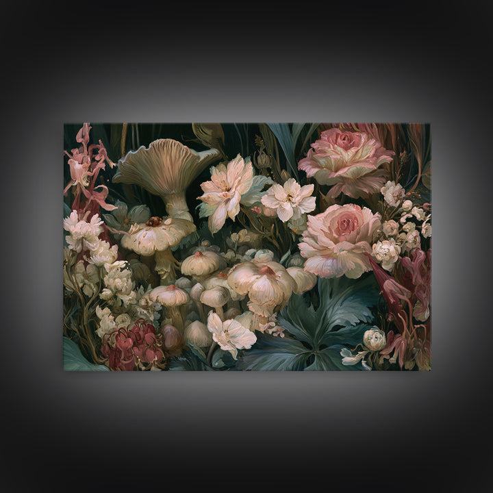 Fairy Ring of Mushrooms and Wildflowers Canvas Print, Fairy Tale Art, Neutral Decor, Living Room Decor, Oil Painting, Storybook, FTA-3x2-73