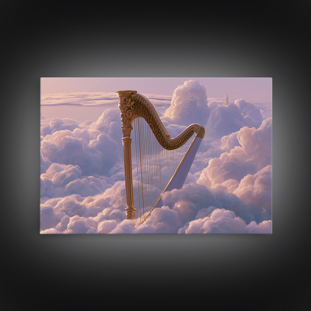 Golden Harp in a Cloud Kingdom Framed Canvas Print, Fairy Tale Art, Princess Wall Art, Living Room Decor, Oil Painting, FTA-3x2-74