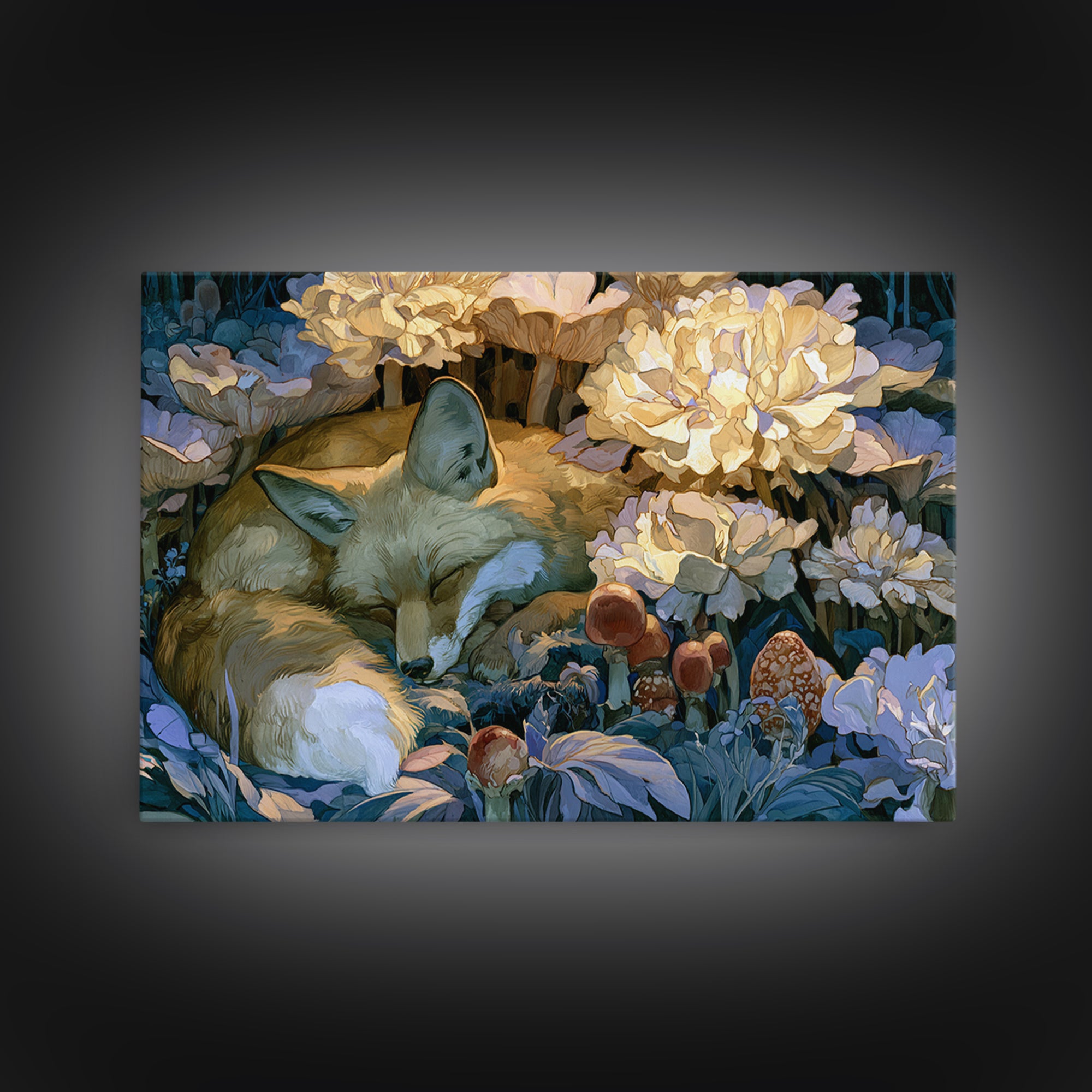 Sleeping Fox Beside a Magical Mushroom Ring Canvas Print, Fairy Tale Art, Luxury Decor, Living Room Decor, Storybook, FTA-3x2-79