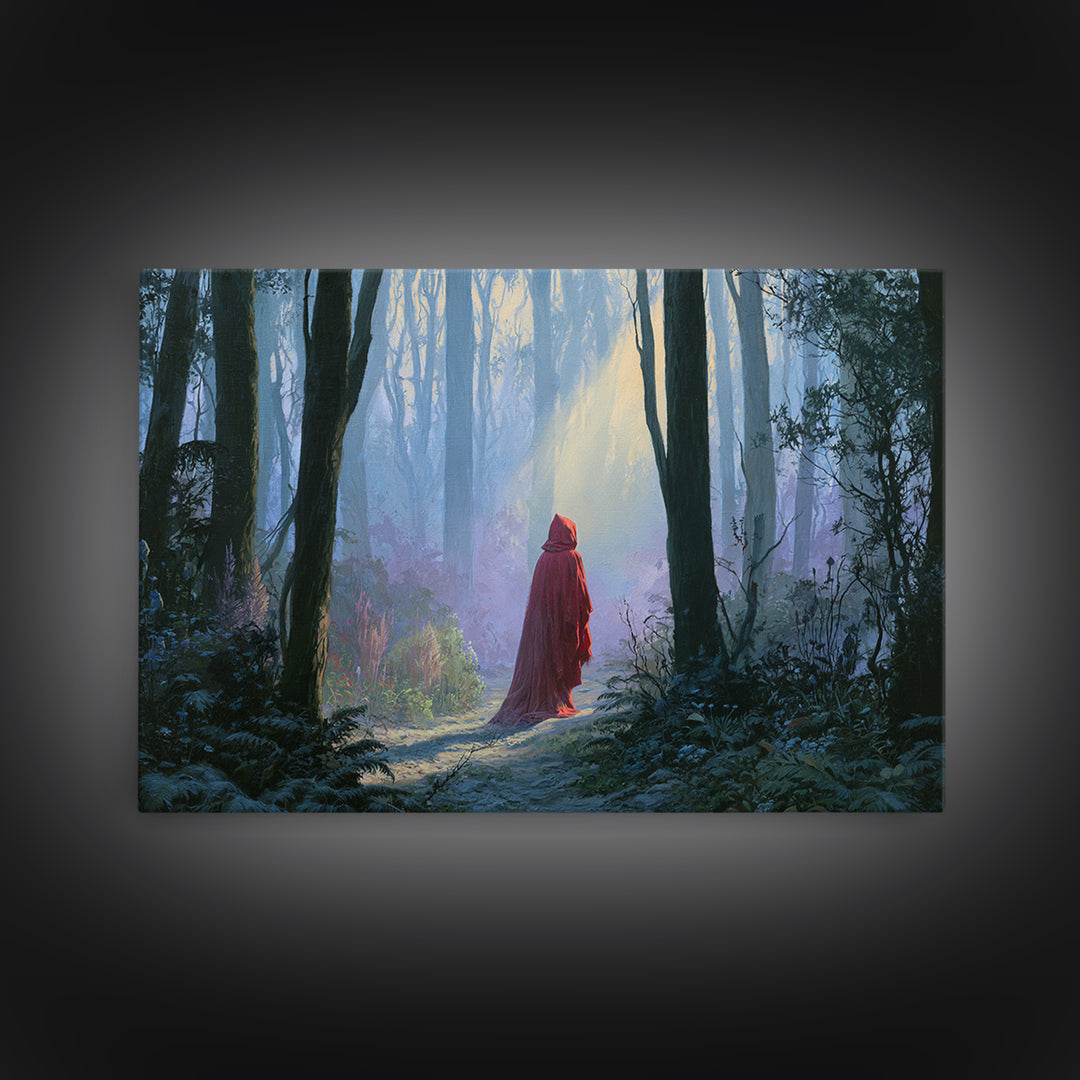 Red Cloak Figure Walking Through Dark Woods Canvas Print, Fairy Tale Art, Wall Decor, Living Room Decor, Fine Art, Storybook, FTA-3x2-84