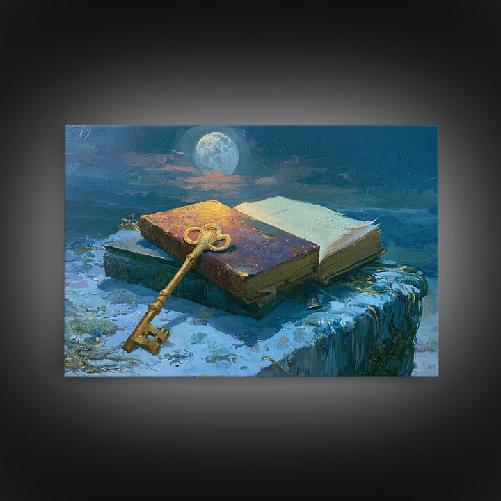 Golden Key and Enchanted Book Still Life Framed Canvas Print, Fairy Tale Art, Statement Artwork, Living Room Decor, Storybook, FTA-3x2-85