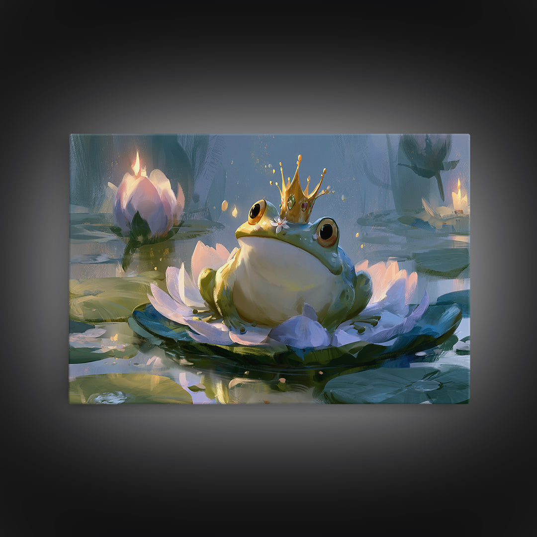 Frog Prince on a Lily Pad Framed Canvas Print, Fairy Tale Art, Wall Decor, Living Room Decor, Storybook, Boho Wall Art, FTA-3x2-87