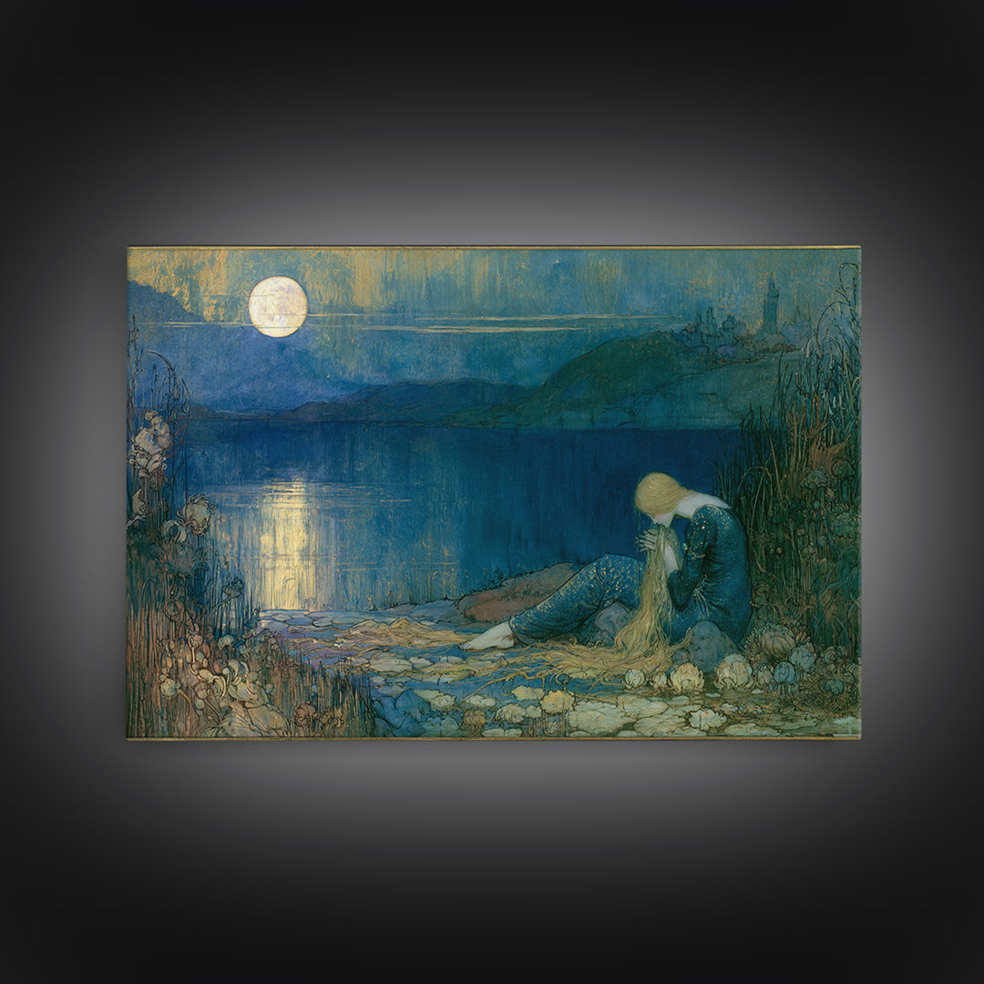 Mermaid Combing Hair Beneath a Pearl Moon Canvas Print, Fairy Tale Art, Painting, Living Room Decor, Fine Art, Storybook, FTA-3x2-88