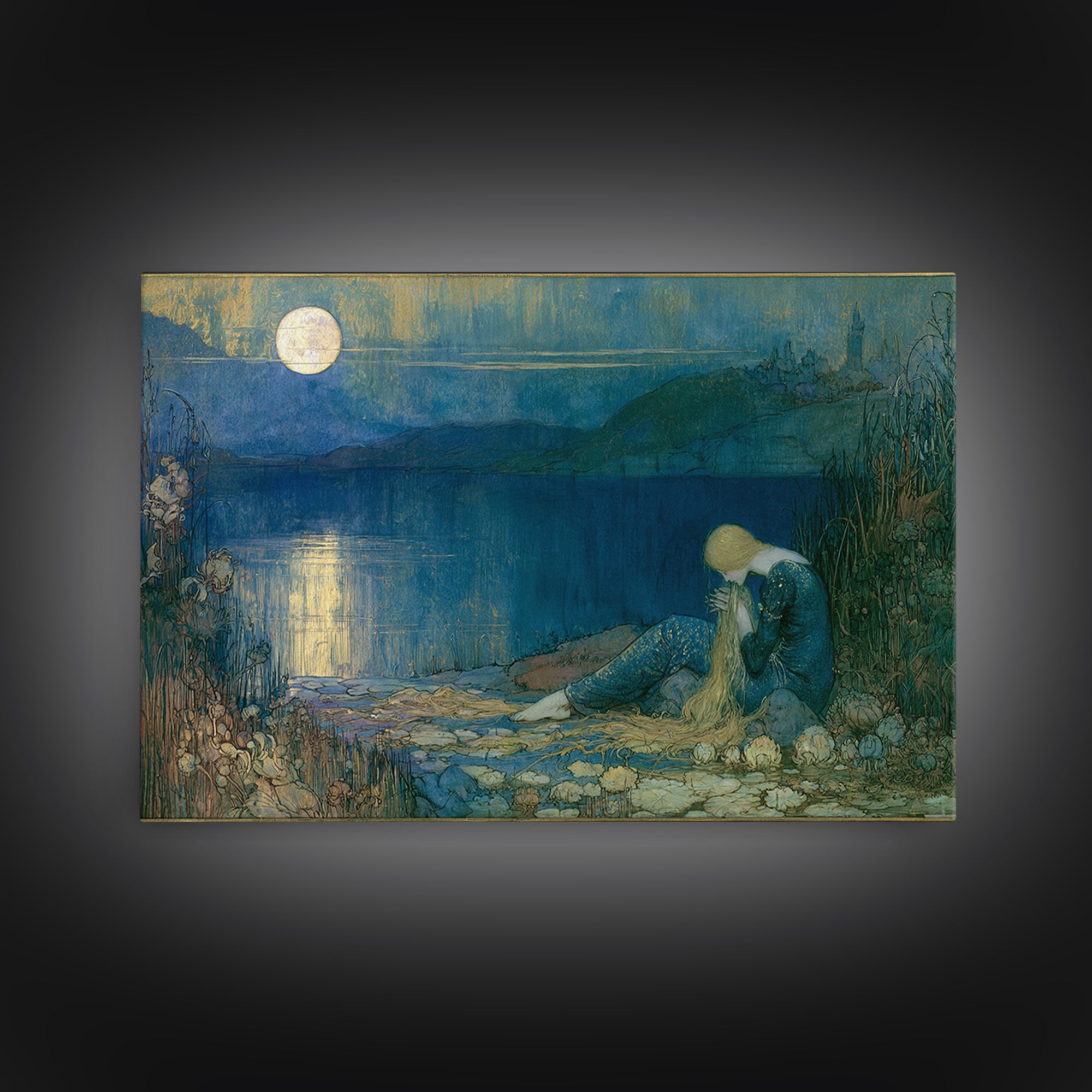 Mermaid Combing Hair Beneath a Pearl Moon Canvas Print, Fairy Tale Art, Painting, Living Room Decor, Fine Art, Storybook, FTA-3x2-88
