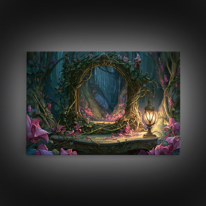Magic Mirror Framed by Vines and Thorns Canvas Print, Fairy Tale Art, Boho Decor, Living Room Decor, Oil Painting, Storybook, FTA-3x2-89