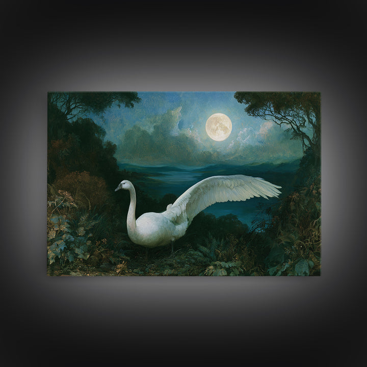 White Swan Transformation Scene Framed Canvas Print, Fairy Tale Art, Boho Wall Art, Living Room Decor, Oil Painting, Storybook, FTA-3x2-91