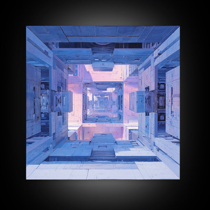 White and Blue Utopian Megastructure Canvas Print, Futuristic Art, Canvas Wall Art, Living Room Decor, Watercolor Art, Future, FUT-1x1-36
