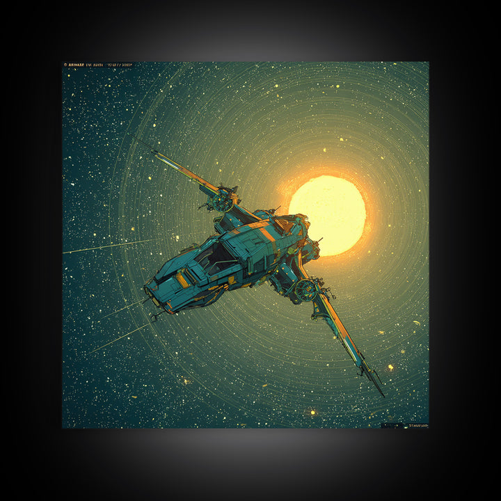 Solar Sail Ship Crossing Star Filled Space Framed Canvas Print, Futuristic Art, Mid Century Modern, Living Room Decor, Future, FUT-1x1-41