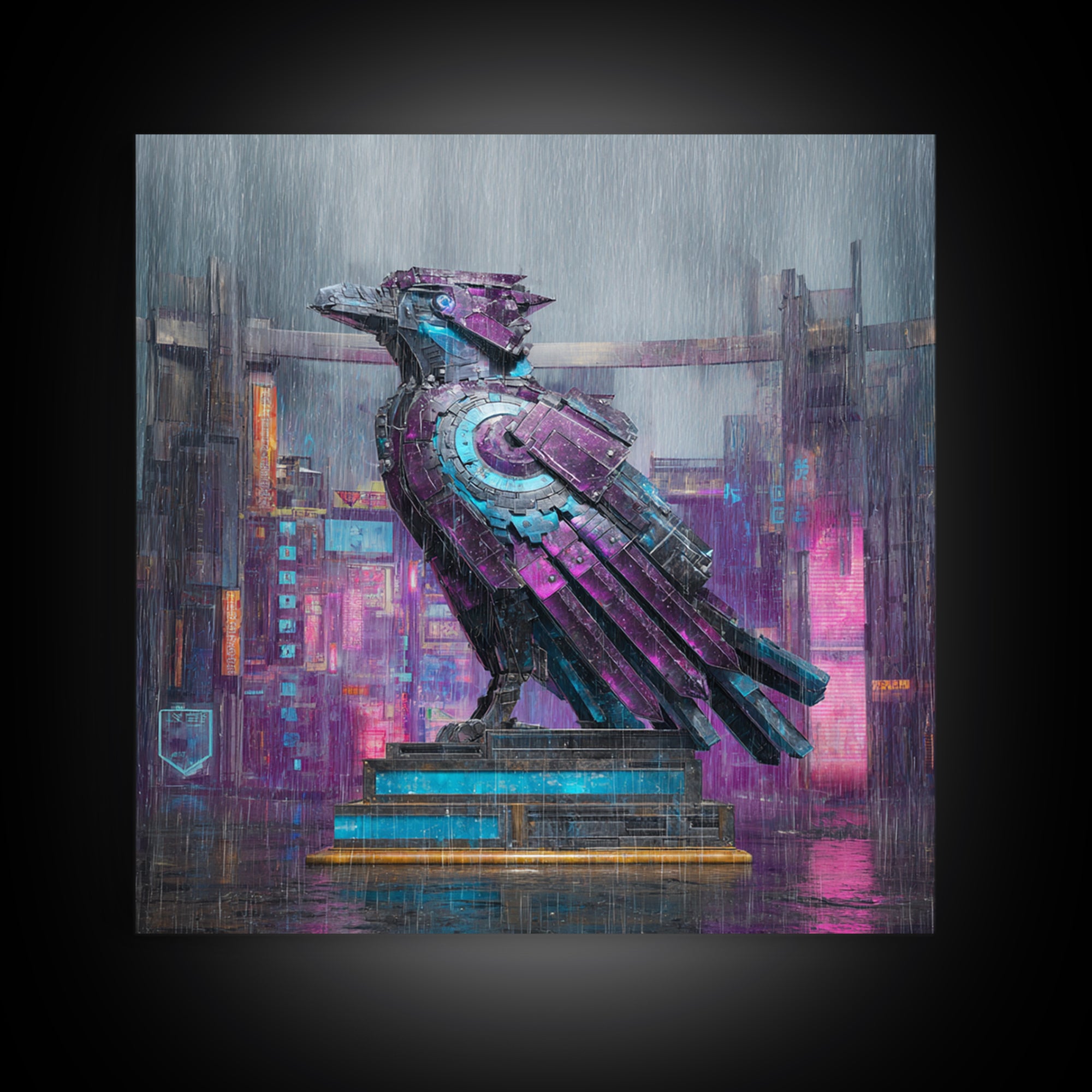 Futurist Bird Made of Panels and Light Framed Canvas Print, Futuristic Art, Statement Artwork, Living Room Decor, Future, FUT-1x1-46