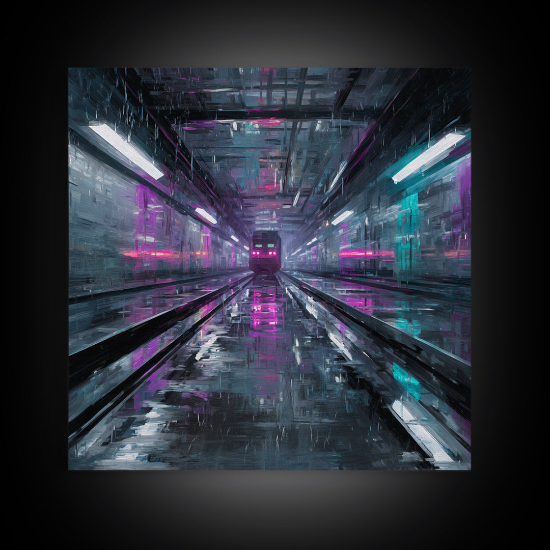 Transparent Train Speeding Through Light Tunnels Canvas Print, Futuristic Art, Statement Artwork, Living Room Decor, Future, FUT-1x1-59