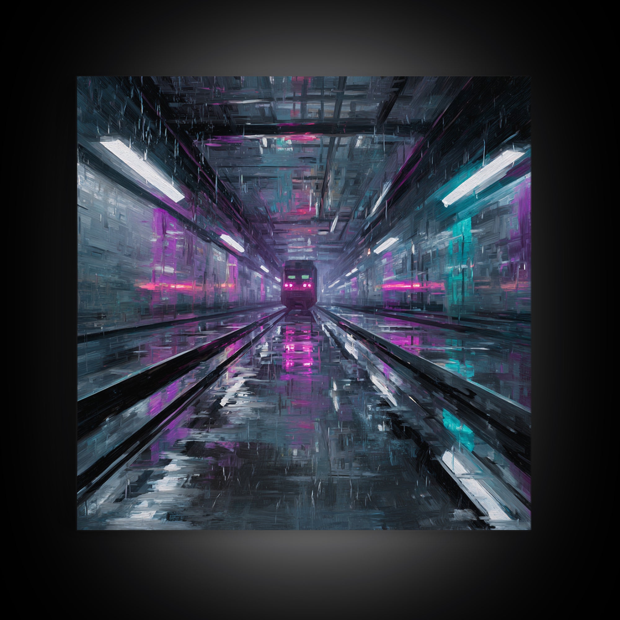 Transparent Train Speeding Through Light Tunnels Canvas Print, Futuristic Art, Statement Artwork, Living Room Decor, Future, FUT-1x1-59