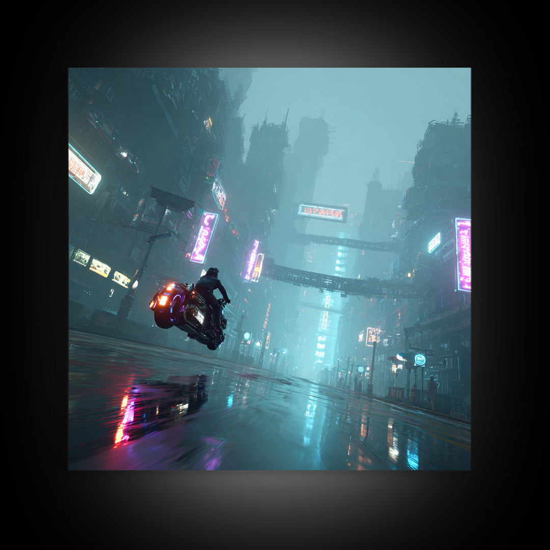 High Speed Hover Bike Trail of Light Framed Canvas Print, Futuristic Art, Cyberpunk Decor, Living Room Decor, Fine Art, Future, FUT-1x1-68
