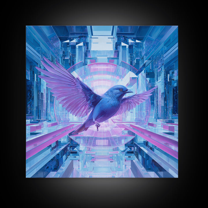 Futurist Bird Made of Panels and Light Framed Canvas Print, Futuristic Art, Statement Artwork, Living Room Decor, Future, FUT-1x1-70