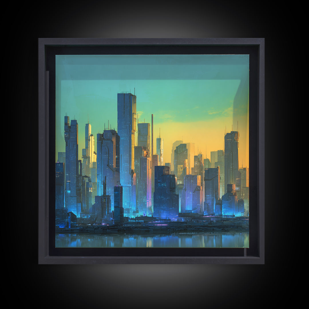 Sleek Chrome City Skyline Framed Canvas Print, Futuristic Art, Modern Wall Art, Living Room Decor, Abstract Art, Future, FUT-1x1-73