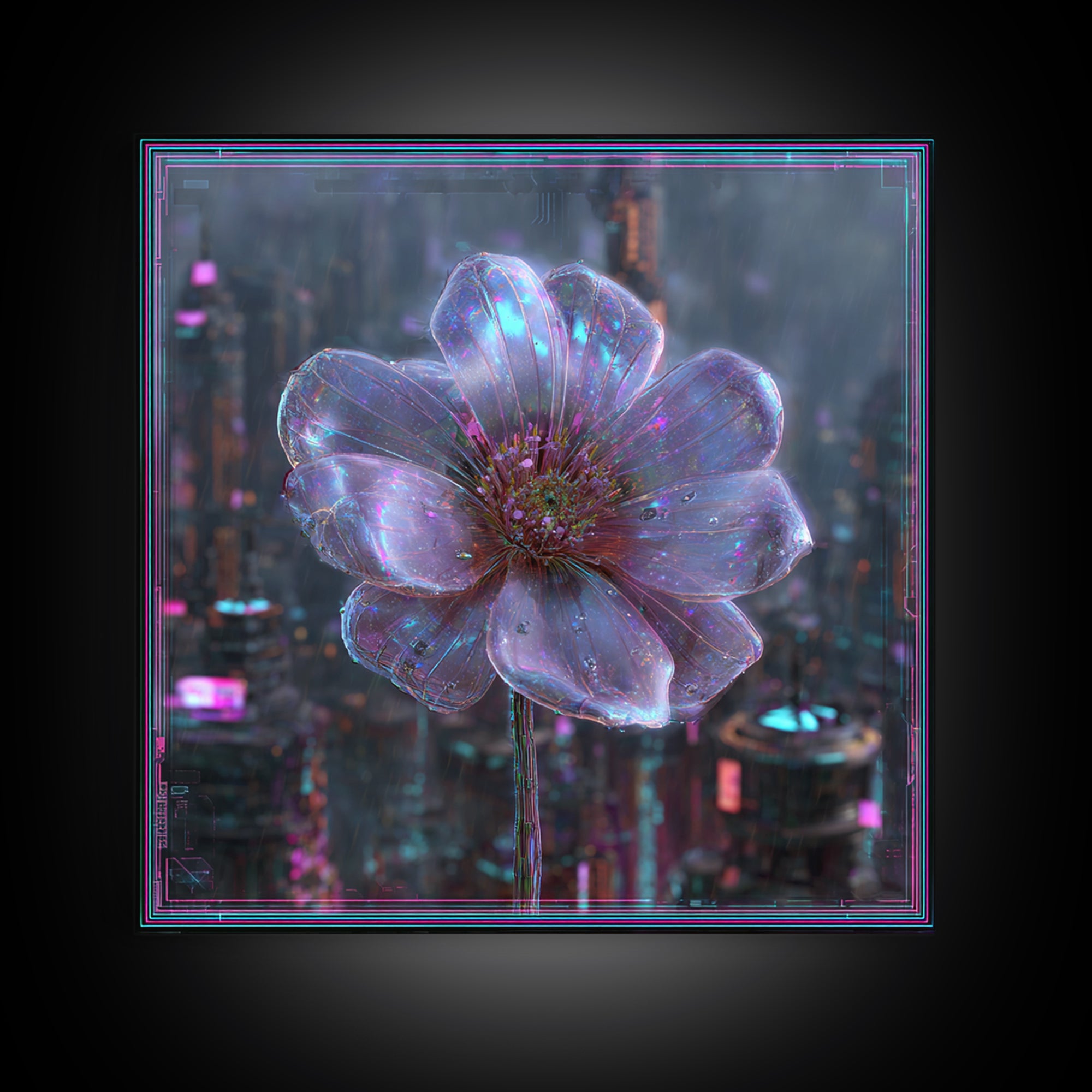 Holographic Flower Rendered Framed Canvas Print, Futuristic Art, Home Decor, Living Room Decor, Future, Unique Wall Art, FUT-1x1-78
