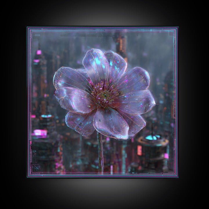 Holographic Flower Rendered Framed Canvas Print, Futuristic Art, Home Decor, Living Room Decor, Future, Unique Wall Art, FUT-1x1-78
