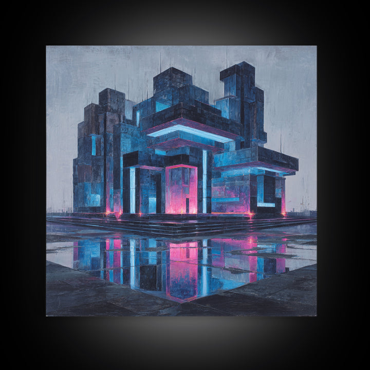White and Blue Utopian Megastructure Framed Canvas Print, Futuristic Art, Living Room Decor, Abstract Art, Future, FUT-1x1-84