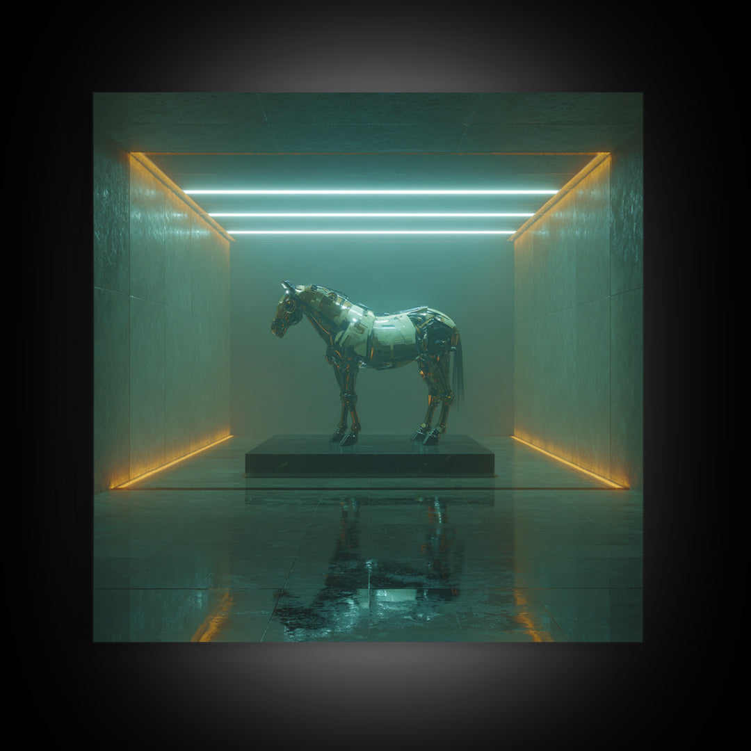 Cybernetic Horse in a Luminous Field Canvas Print, Futuristic Art, Digital Print, Living Room Decor, Fine Art, Future, FUT-1x1-85