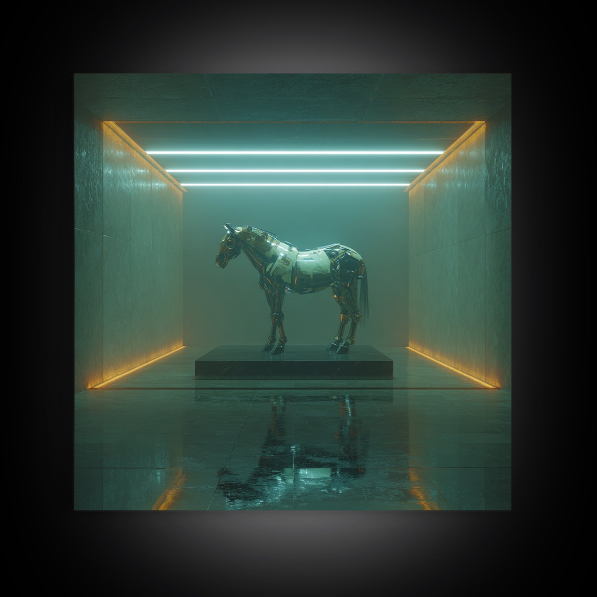 Cybernetic Horse in a Luminous Field Canvas Print, Futuristic Art, Digital Print, Living Room Decor, Fine Art, Future, FUT-1x1-85