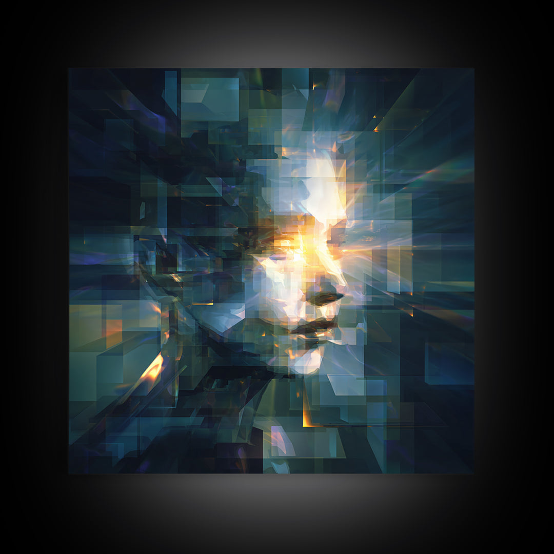 Abstract Ai Face Formed from Light Fragments Canvas Print, Futuristic Art, Printable Wall Art, Living Room Decor, Future, FUT-1x1-98