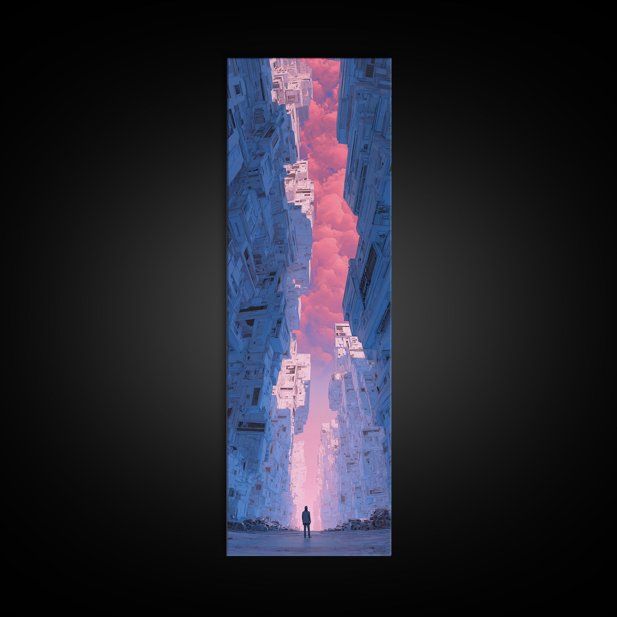 White and Blue Utopian Megastructure Framed Canvas Print, Futuristic Art, Canvas Painting, Living Room Decor, Fine Art, Future, FUT-1x3-24